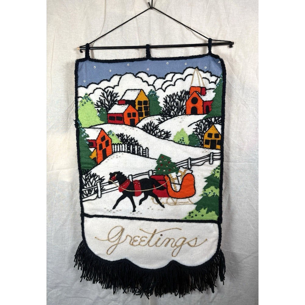 Vtg Christmas Felt Wall Hanging Sequin Handmade Pocket Horse Sleigh Fringe 26x15
